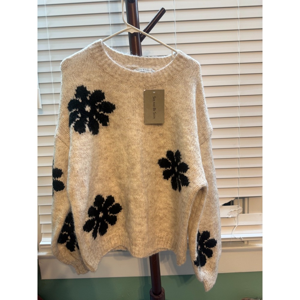 See And Be Seen Camille Floral Sweater L Cream Black Wool Blend